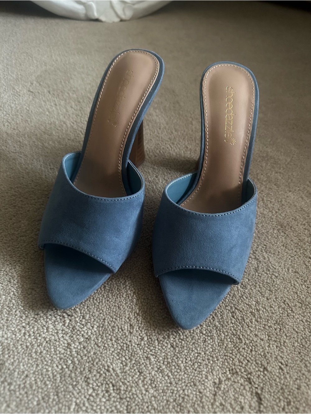 Shoe Dazzle Dusty Blue Suede Open-Toe Mule Heels